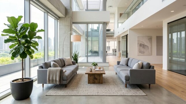 Modern luxury penthouse living room with floor to ceiling windows and contemporary furniture.