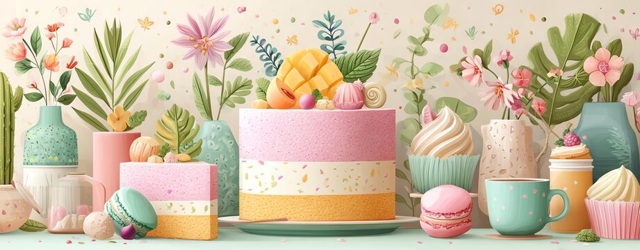 Colorful cake with floral decorations and desserts.