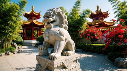 Fototapeta premium Stone guardian lion statue stands in traditional Chinese garden courtyard. Large grey Fu dog ornament sits on pedestal near red pagoda buildings. Bamboo plants, bright red flowers, green trees