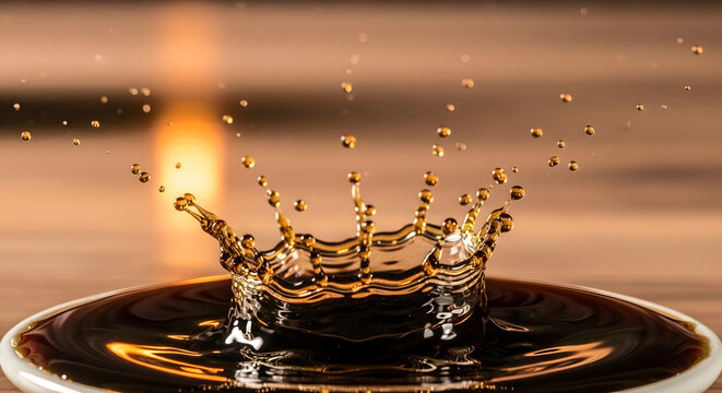 Coffee splash forms a crown shape on a brown saucer.