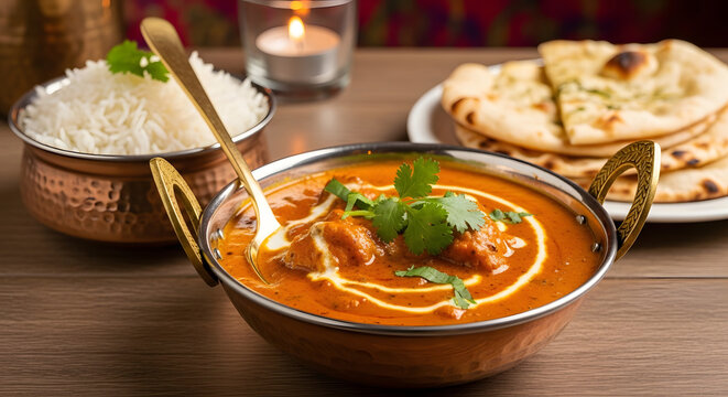 Chicken tikka masala curry is served with basmati rice and fresh naan bread on a table.