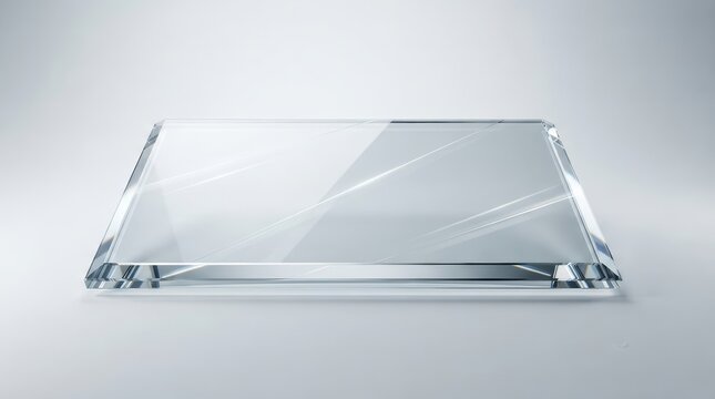 Shiny glossy glass plate panel featuring a reflective surface effect and light glare on white.
