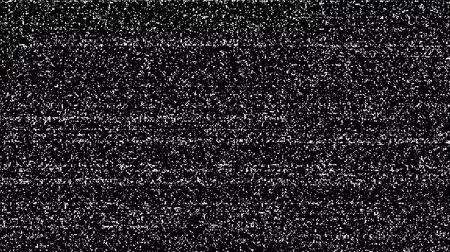 no signal old vintage on TV screen. Old TV screen noise glitch effect. Static white noise distortion on black background with VHS tape overlay and analog no-signal texture in 4K resolution.