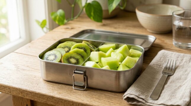 Stainless steel lunch box with fresh kiwi and green fruit slices on a wooden table.