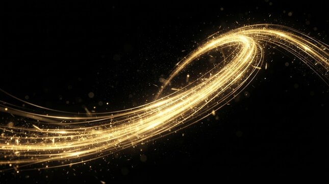 Glowing golden light trail with sparks in a curved magic swoosh motion
