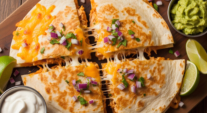 Quesadilla slices with melted cheese sit on a board with dips.