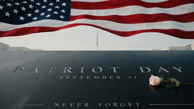 Patriot Day memorial with American flag and rose on black stone wall