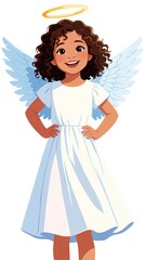 Fototapeta premium Cute cartoon girl with brown curly hair wears white dress, blue wings. She has golden halo above her head, smiles happily against white backdrop. This cheerful angelic child is ready for fantasy.