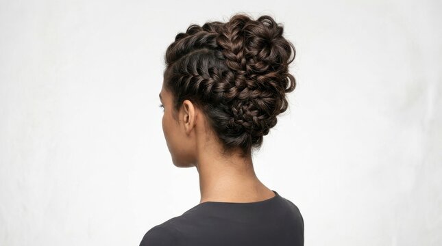 Back view of woman with complex braided updo hairstyle.