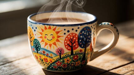 Fototapeta premium Brightly decorated ceramic mug with playful scenes of sun, trees, and flowers holds warm beverage emitting light steam. Sitting on rustic wooden surface in well-lit space.