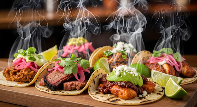 Tacos with fresh toppings emit steam on a rustic wooden platter.