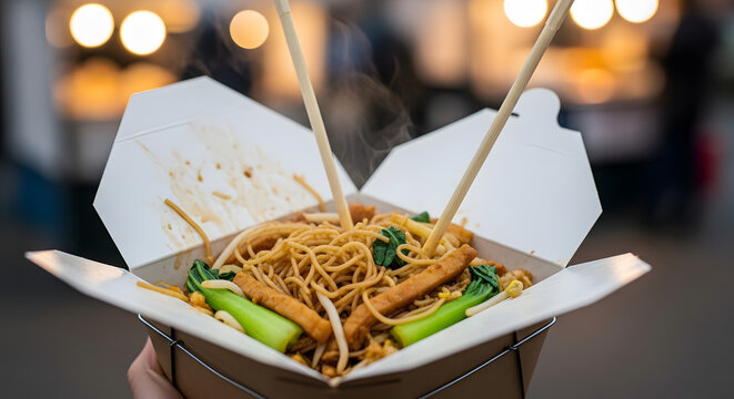 Noodles in a takeaway box are held with chopsticks outdoors.