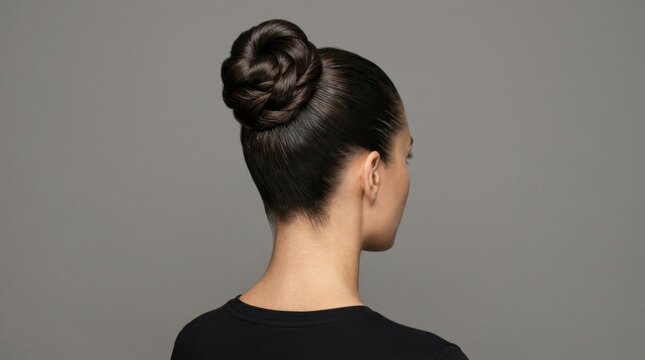 Rear view of woman with elegant high bun hairstyle on grey background.