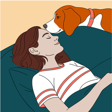 Flat illustration of a woman sleeping peacefully with her beagle dog at home.