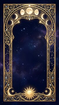 Elegant golden vintage celestial portal arch frame featuring moon phases, sun, and constellation patterns with blue gemstone accents against a starry night sky.