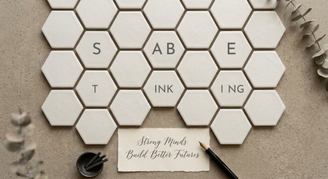 Hexagonal Tiles Displaying 'Start Thinking' with Inspirational Quote and Stationery