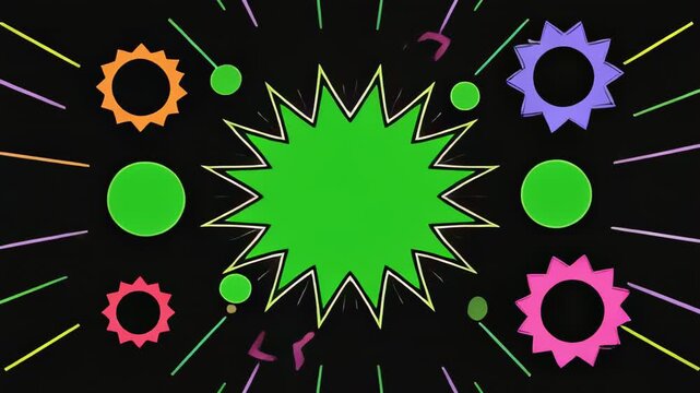 Abstract green stars pulse with colorful gear shapes and lines on black background