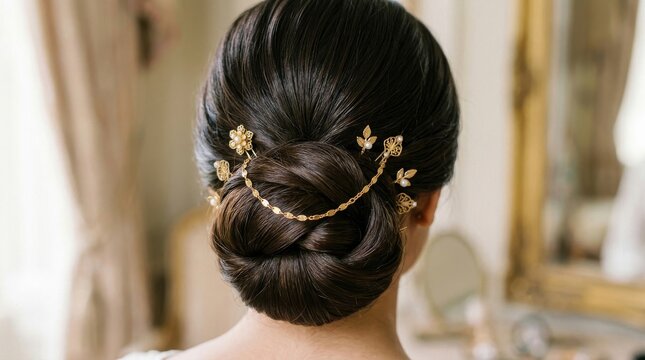 Elegant bridal chignon bun with gold floral hair accessories.