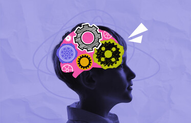 Creative profile portrait with colorful gears and brain symbols © ImageFlow