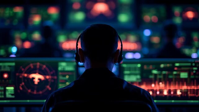 Military officer seen from behind inside a high-tech command room, monitoring multiple glowing screens and digital displays, symbolizing military intelligence, strategic operations, 