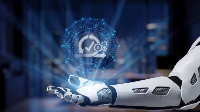 A futuristic robotic hand showcases a digital display with gears and icons, representing technology and automation in a modern workspace, emphasizing innovation. Synapse