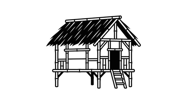 Traditional wooden stilt hut line illustration.