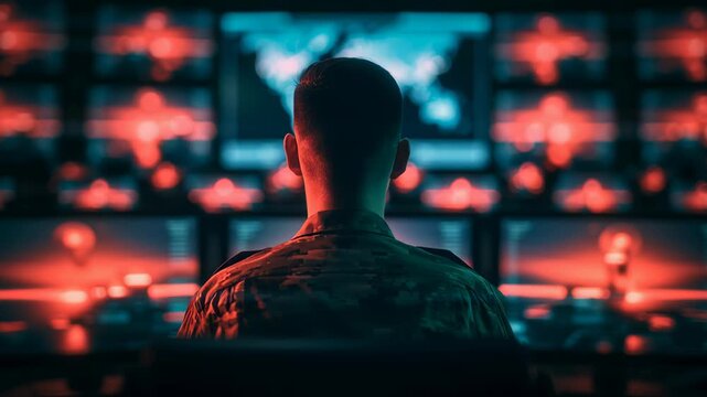 Military officer seen from behind inside a high-tech command room, monitoring multiple glowing screens and digital displays, symbolizing military intelligence, strategic operations, 