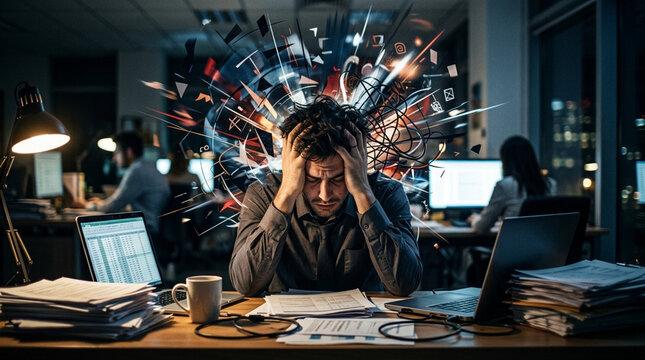 Overwhelmed Businessman with Chaotic Thoughts and Brain Explosion in Office