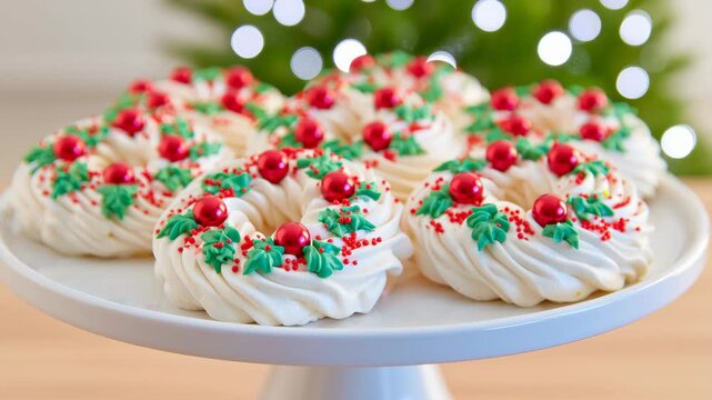 Festive white meringue cookies decorated with red sugar pearls and green mint leaves, arranged on a plate with sparkling Christmas bokeh for an elegant holiday dessert.