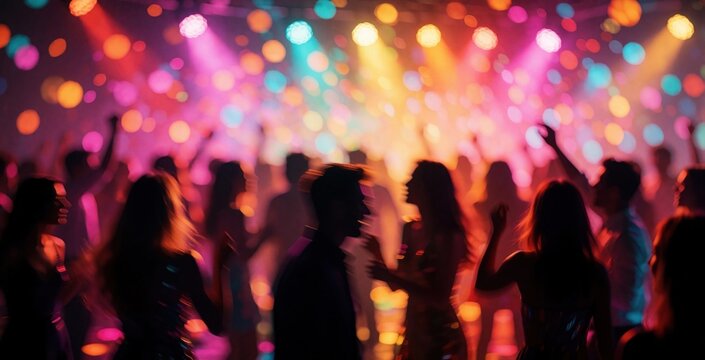 People dance at nightclub under colorful lights. Crowd enjoys music, lively atmosphere, blurred figures, vibrant party, euphoria, fun, celebration night.
