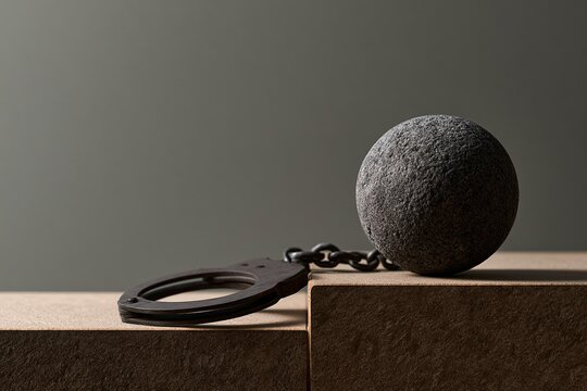 Metal restraint and stone sphere symbolizing legal consequences on stepped platform