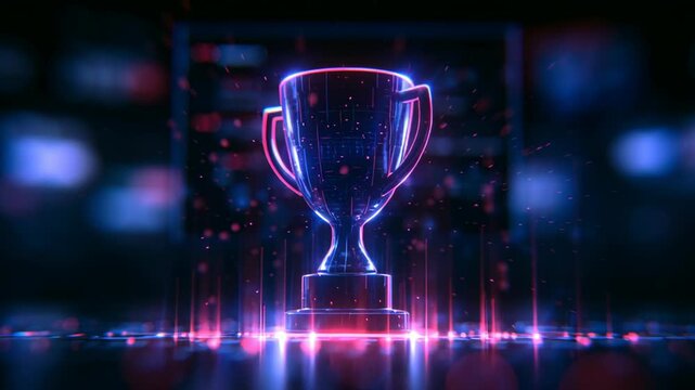Futuristic glowing trophy cup illuminated in blue and purple neon, displayed on a pedestal with digital light effects, symbolizing victory, achievement, competition, awards and success.