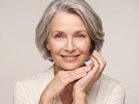Portrait of beautiful smiling mature senior woman with grey hair