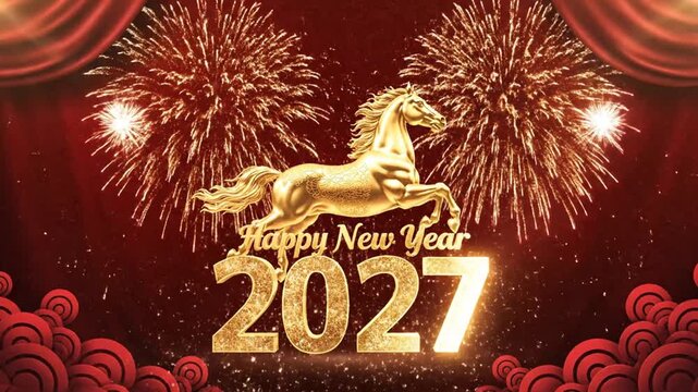 Golden horse jumping over 2027 with fireworks and curtains