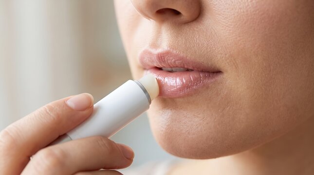 Young woman applying moisturizing lip balm to dry lips for skin care