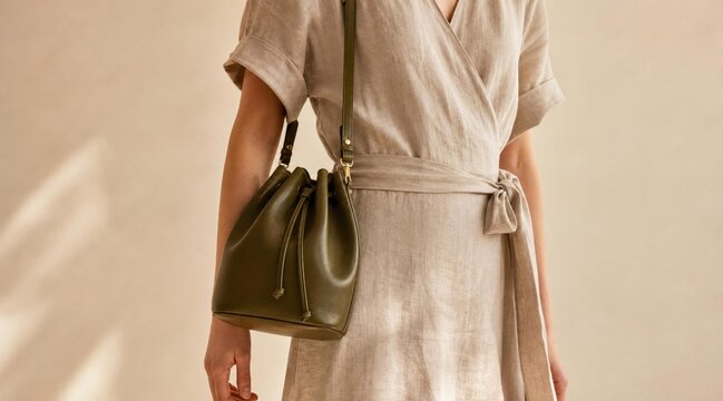 Woman wearing beige wrap dress and olive green leather bucket bag.