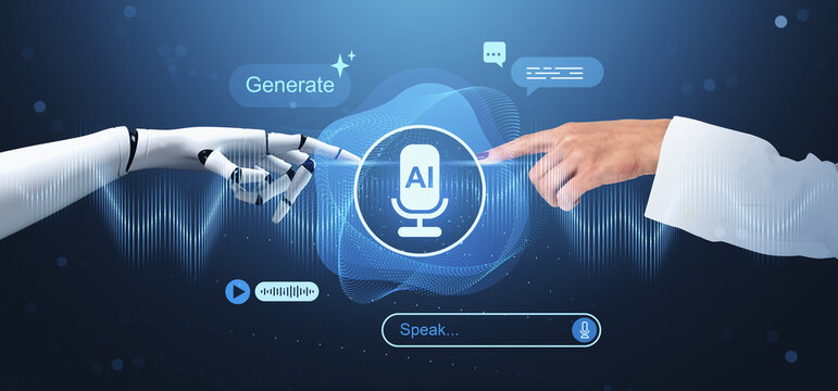 Human and robotic hands reaching toward an artificial intelligence voice interface with speech controls and digital symbols on a blue background.