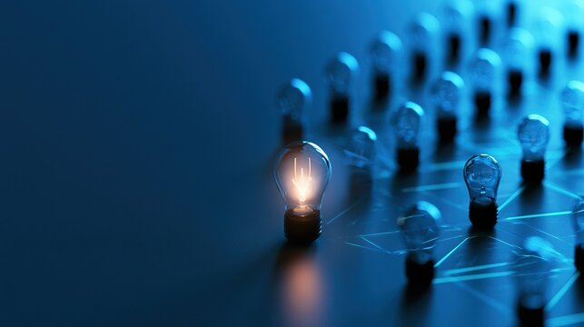 Central illuminated bulb connected to network of glass bulbs symbolizing digital transformation