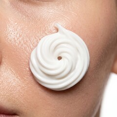 Fototapeta premium Cosmetic cream swirl applied on human cheek for skin care routine