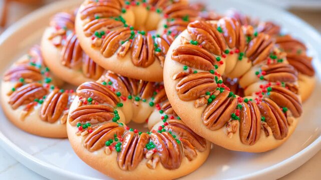 Festive pecan ring cookies drizzled with glossy caramel and decorated with red and green sprinkles, creating a warm, indulgent Christmas dessert presentation.