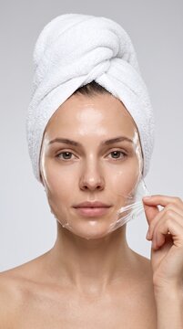 Young woman peeling off clear facial mask skincare treatment