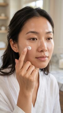 Young Asian Woman Applying Moisturizing Face Cream in a Bright Bathroom