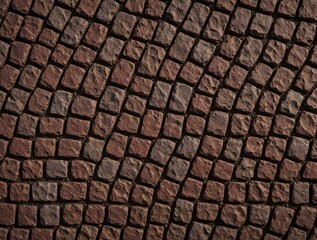 Naklejka premium Red stone cobblestone street texture pattern. Aged rustic pavement shows consistent square blocks laid in curves. Perfect ground cover for old world city backgrounds or walkway designs.