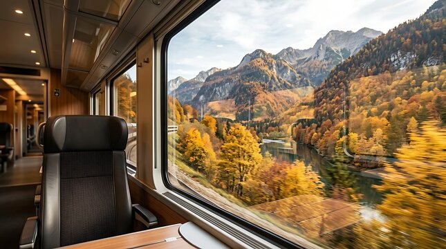 Autumn Mountain Landscape View from Luxury Train Window Seat