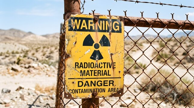 Warning Radioactive Material Sign on a Rusty Chain Link Fence in a Remote Desert Landscape