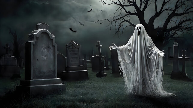 Scary ghost in a dark graveyard at night illustration