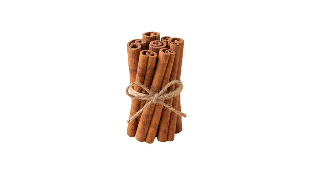 A bundle of aromatic cinnamon sticks tied together with rustic twine isolated on a black background