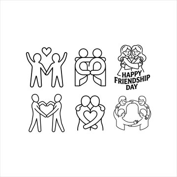 A cheerful set of vector icons showing friendship gestures and hugs, perfect for celebrating friendship day or expressing camaraderie.jpg