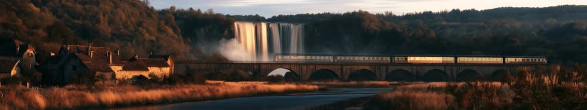 Widescreen Looped Animation of Passenger Train Crossing Stone Viaduct Beside Waterfall in Autumn Countryside