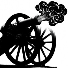 Fototapeta premium Old cannon silhouette fires puff of smoke. Historical weapon, strong blast effect, black and white graphic art. Retro artillery piece for war or battle themes.